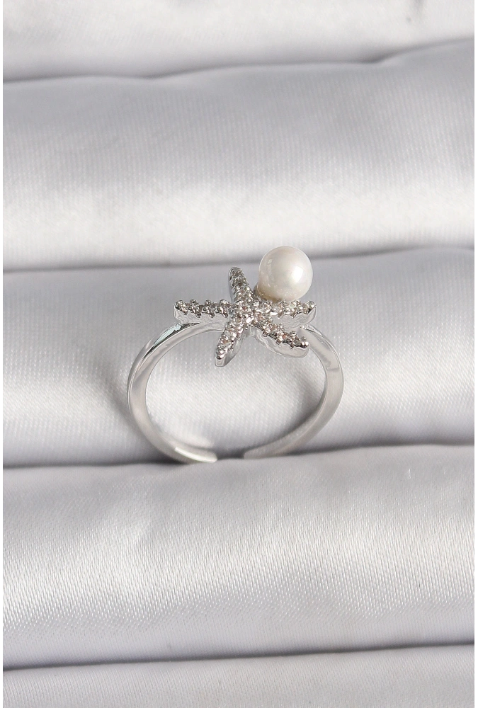 Shoecide Pirinç Gümüş Renk Zirkon Taşlı Deniz Yıldızı Model İnci Detay Ayarlanabilir Yüzük