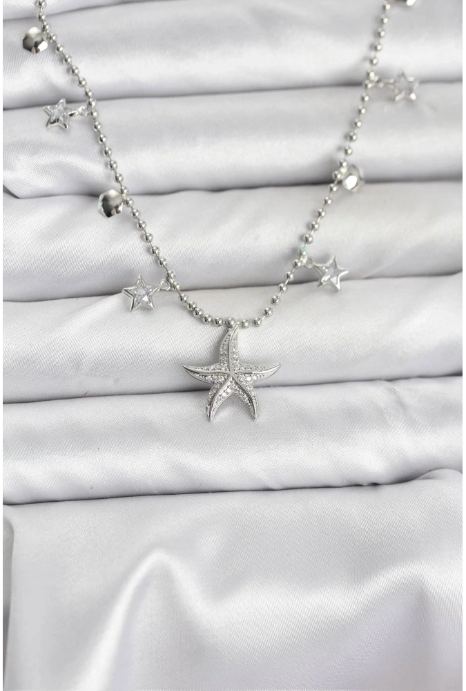 Shoecide Pirinç Gümüş Renk Zirkon Taşlı Deniz Yıldızı Model Kadın Kolye
