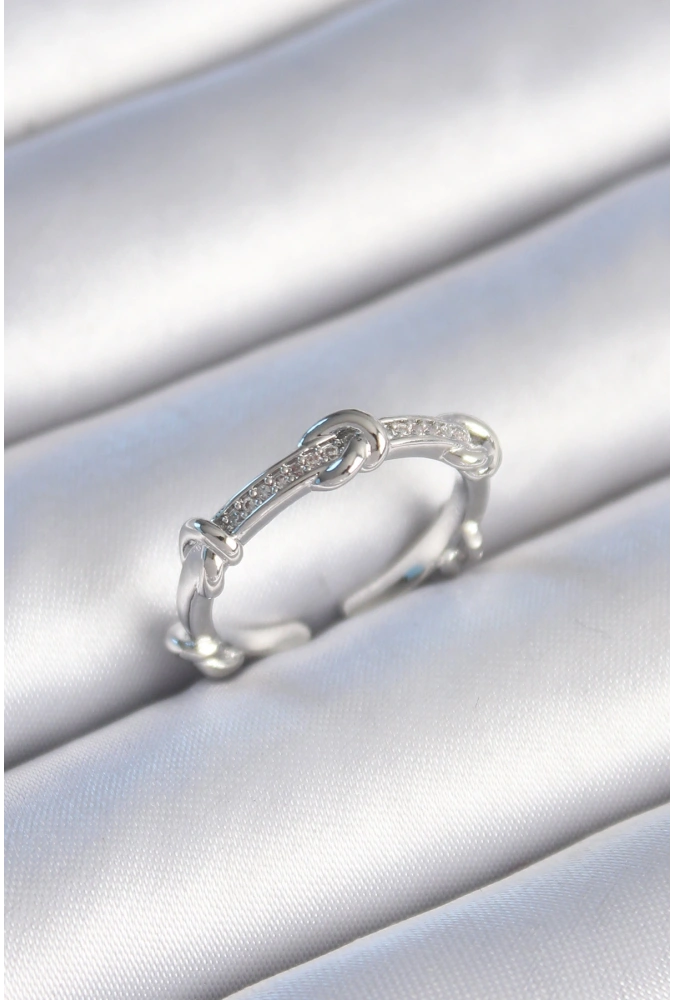 Shoecide Pirinç Gümüş Renk Zirkon Taşlı Düğüm Model Kadın Yüzük