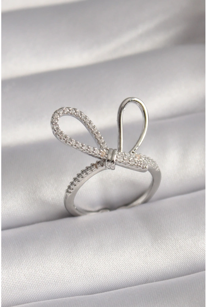 Shoecide Pirinç Gümüş Renk Zirkon Taşlı Düğüm Model Kadın Yüzük