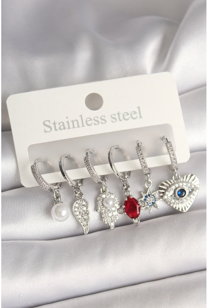 Shoecide Pirinç Gümüş Renk Zirkon Taşlı Fatma Ana El Figür Kadın Küpe Seti