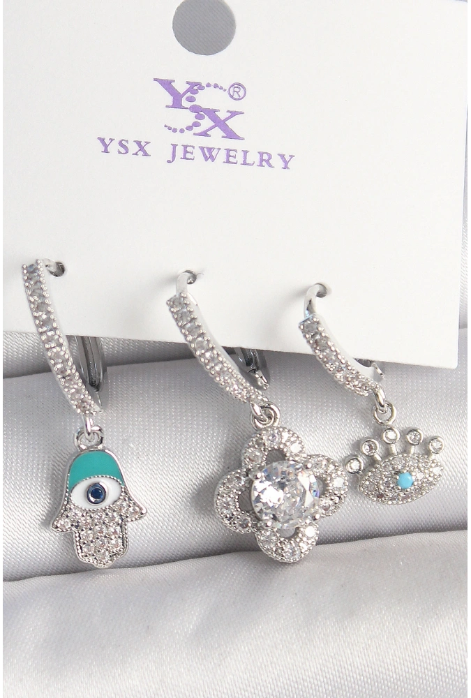 Shoecide Pirinç Gümüş Renk Zirkon Taşlı Fatma Ana Yonca Figür Göz Detay 3lü Kadın Kombin Küpe