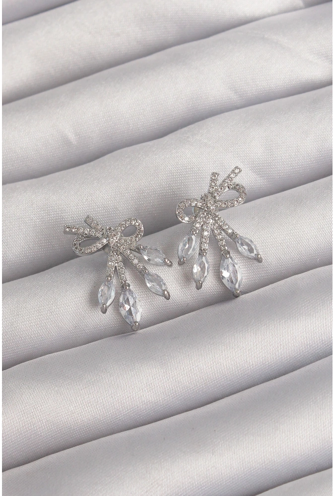 Shoecide Pirinç Gümüş Renk Zirkon Taşlı Fiyonk Küpe