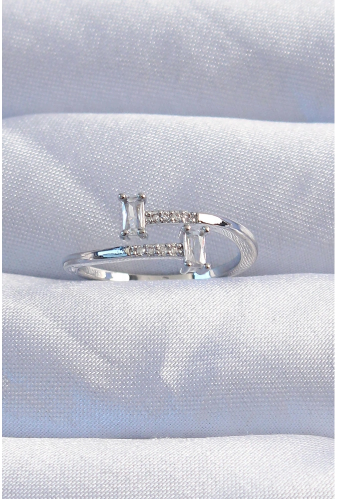 Shoecide Pirinç Gümüş Renk Zirkon Taşlı Geometrik Ayarlanabilir Yüzük