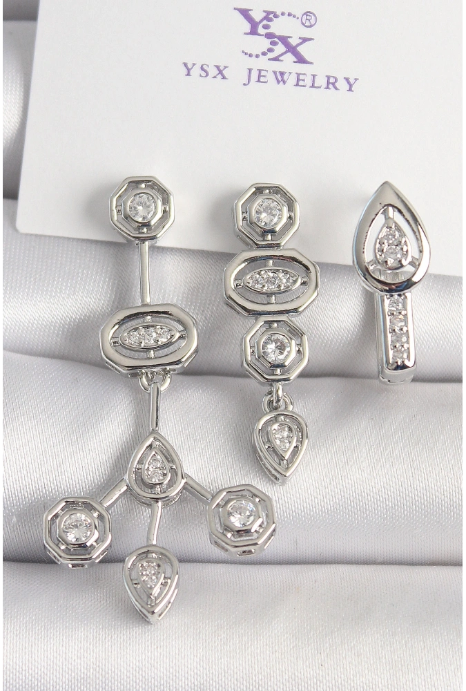 Shoecide Pirinç Gümüş Renk Zirkon Taşlı Geometrik Model 3lü Kadın Kombin Küpe