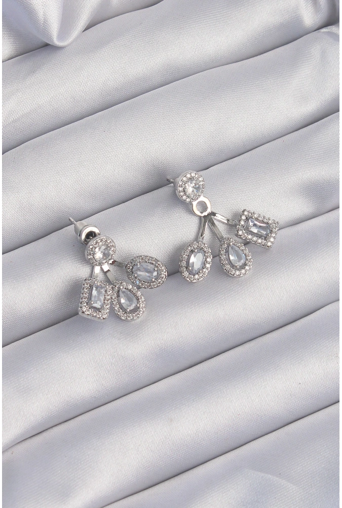 Shoecide Pirinç Gümüş Renk Zirkon Taşlı Geometrik Model Küpe