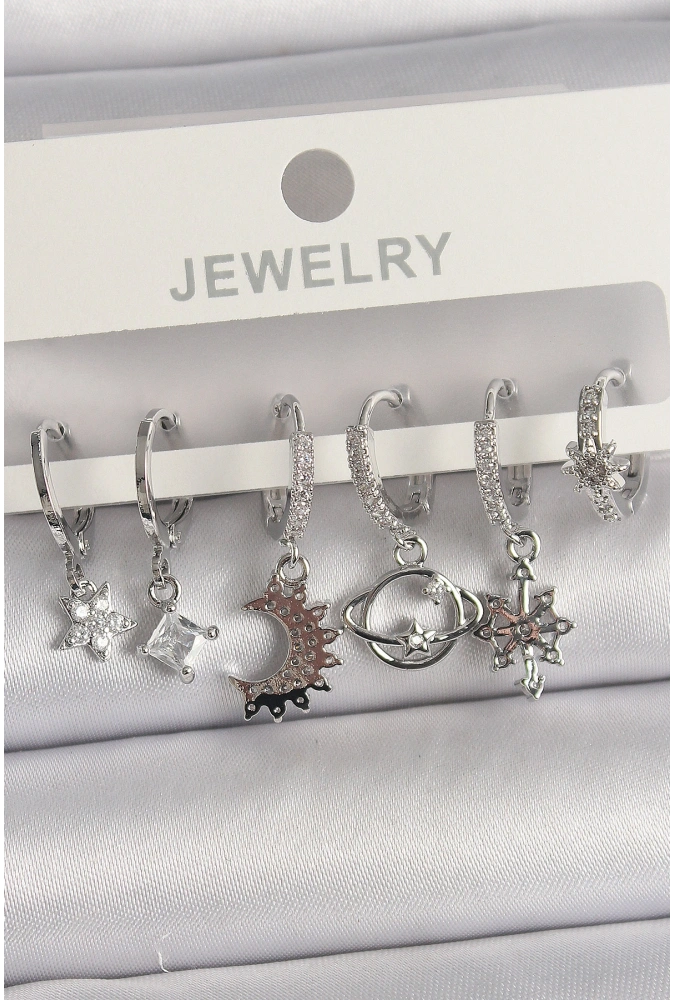 Shoecide Pirinç Gümüş Renk Zirkon Taşlı Gezgen Model Kadın Küpe Seti