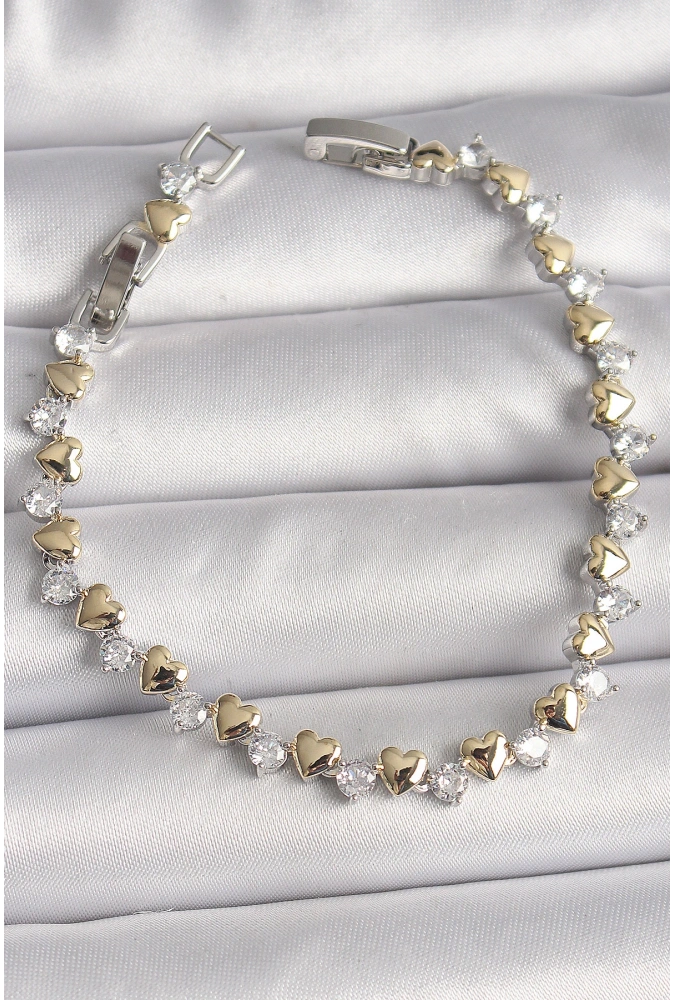 Shoecide Pirinç Gümüş Renk Zirkon Taşlı Gold Kalpli Vıp Seri Kadın Bileklik