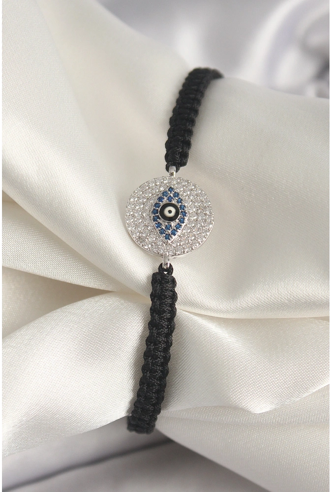 Shoecide Pirinç Gümüş Renk Zirkon Taşlı Göz İşlemeli Figür Asansörlü Makrome Model Kadın Bileklik