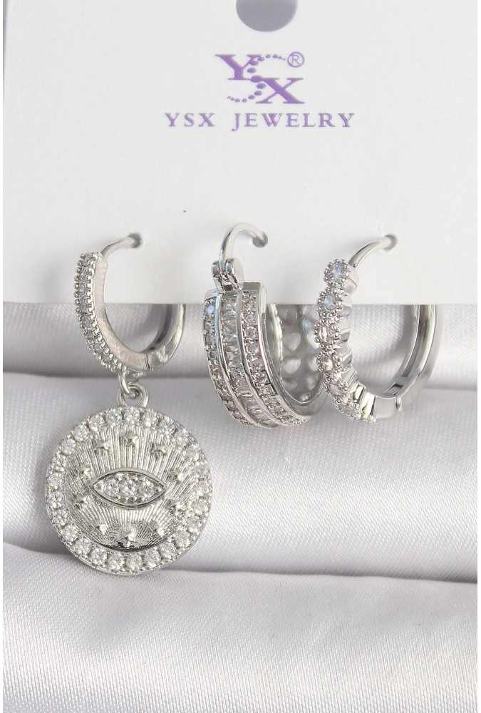 Shoecide Pirinç Gümüş Renk Zirkon Taşlı Göz İşlemeli Halka Model 3lü Kadın Kombin Küpe