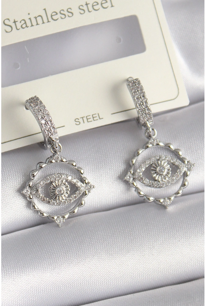 Shoecide Pirinç Gümüş Renk Zirkon Taşlı Göz Model Kadın Küpe