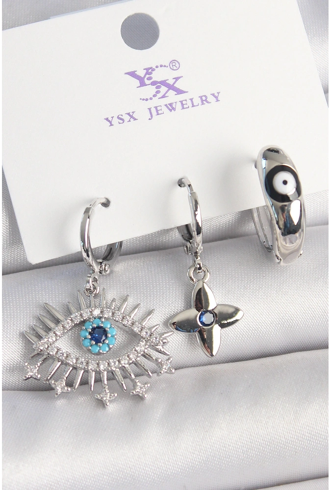 Shoecide Pirinç Gümüş Renk Zirkon Taşlı Göz Model Nazar Boncuk Detay 3lü Kadın Kombin Küpe