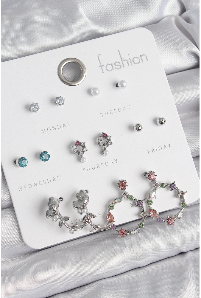 Shoecide Pirinç Gümüş Renk Zirkon Taşlı Gül Figür Halka Model 7 Çift Kadın Küpe Seti