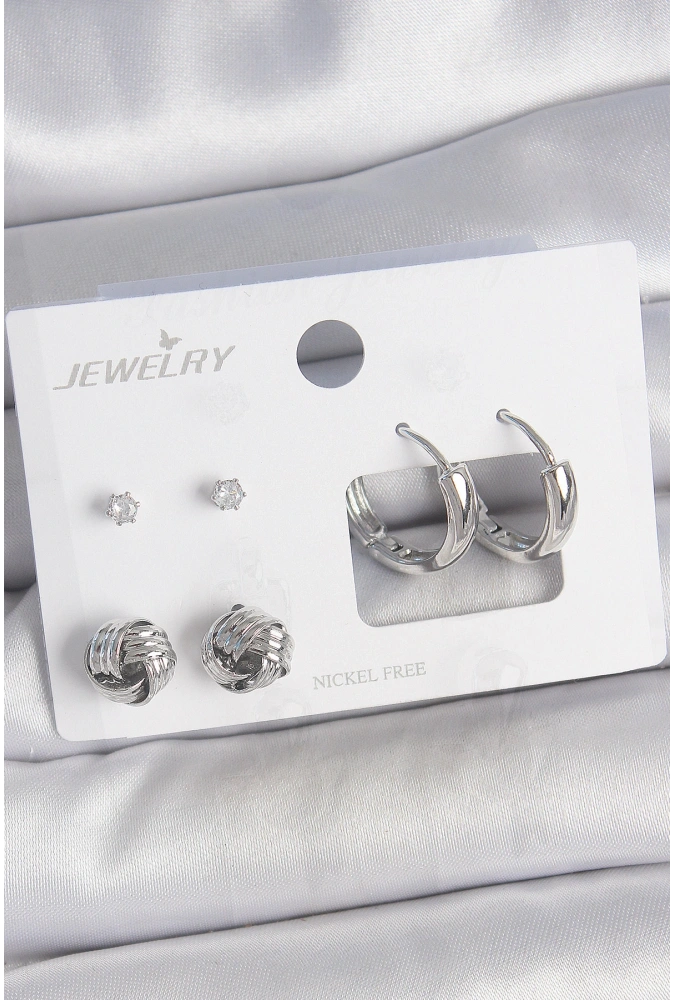 Shoecide Pirinç Gümüş Renk Zirkon Taşlı Halka Model 3 Çift Kadın Küpe Seti