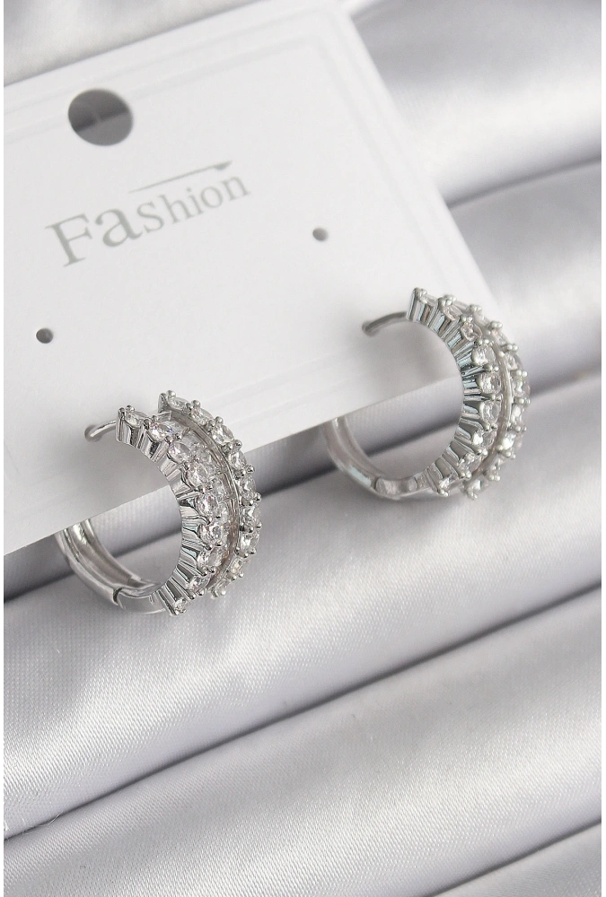 Shoecide Pirinç Gümüş Renk Zirkon Taşlı Halka Model Kadın Küpe