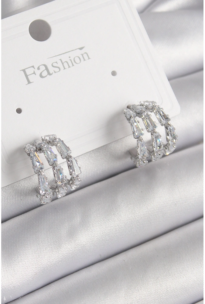 Shoecide Pirinç Gümüş Renk Zirkon Taşlı Halka Model Kadın Küpe