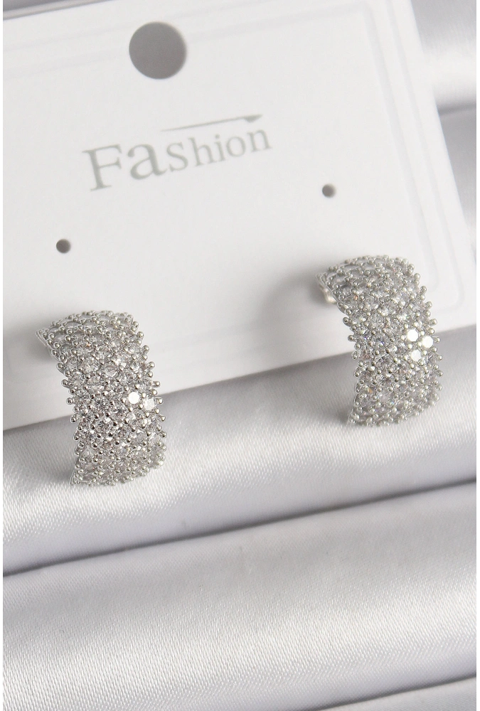 Shoecide Pirinç Gümüş Renk Zirkon Taşlı Halka Model Kadın Küpe