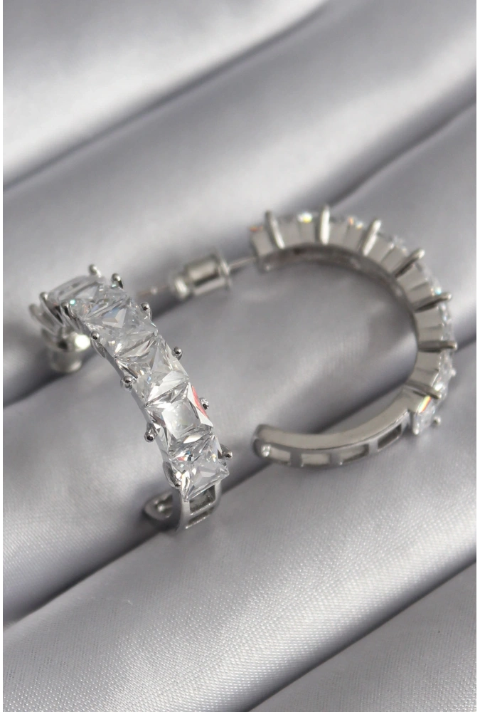 Shoecide Pirinç Gümüş Renk Zirkon Taşlı Halka Model Kadın Küpe