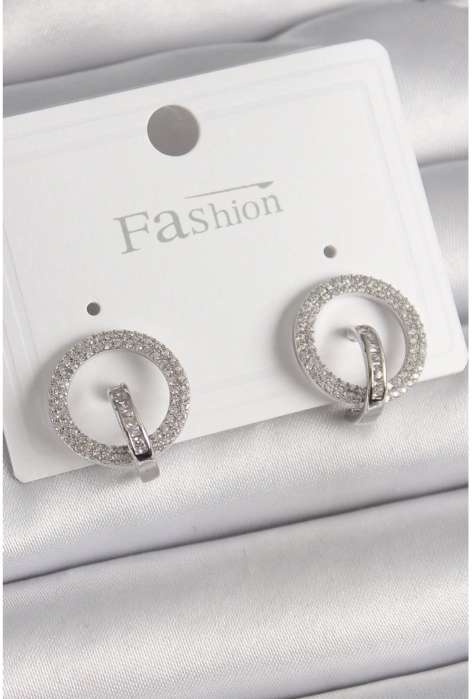 Shoecide Pirinç Gümüş Renk Zirkon Taşlı Halka Model Kadın Küpe