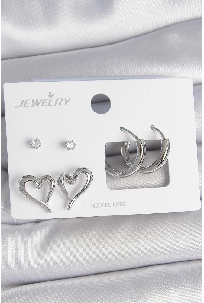 Shoecide Pirinç Gümüş Renk Zirkon Taşlı Halka Model Kalp Detay 3 Çift Kadın Küpe Seti