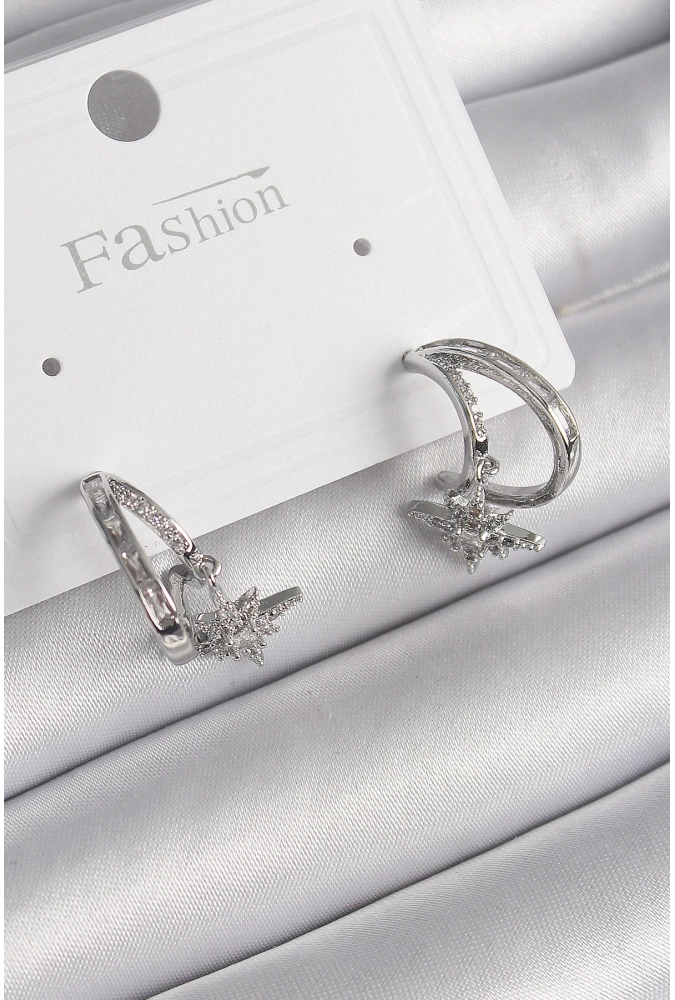 Shoecide Pirinç Gümüş Renk Zirkon Taşlı Halka Model Sallantı Yıldız Detay Kadın Küpe