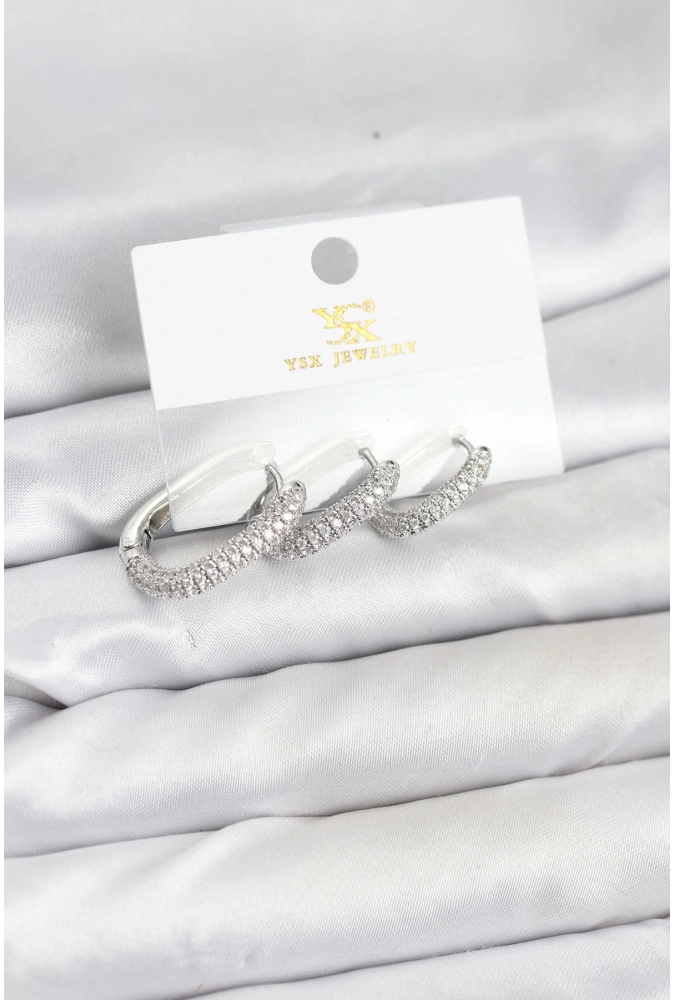 Shoecide Pirinç Gümüş Renk Zirkon Taşlı Halka Model Ysx Trio Küpe Seti