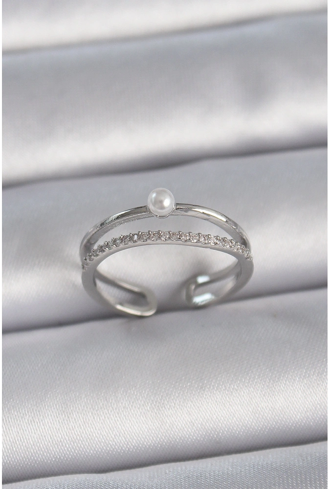 Shoecide Pirinç Gümüş Renk Zirkon Taşlı İnci Detay Ayarlanabilir Model Kadın Yüzük