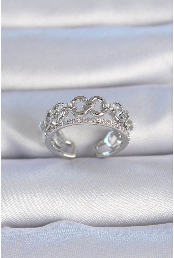 Shoecide Pirinç Gümüş Renk Zirkon Taşlı İnci Detay Kadın Yüzük