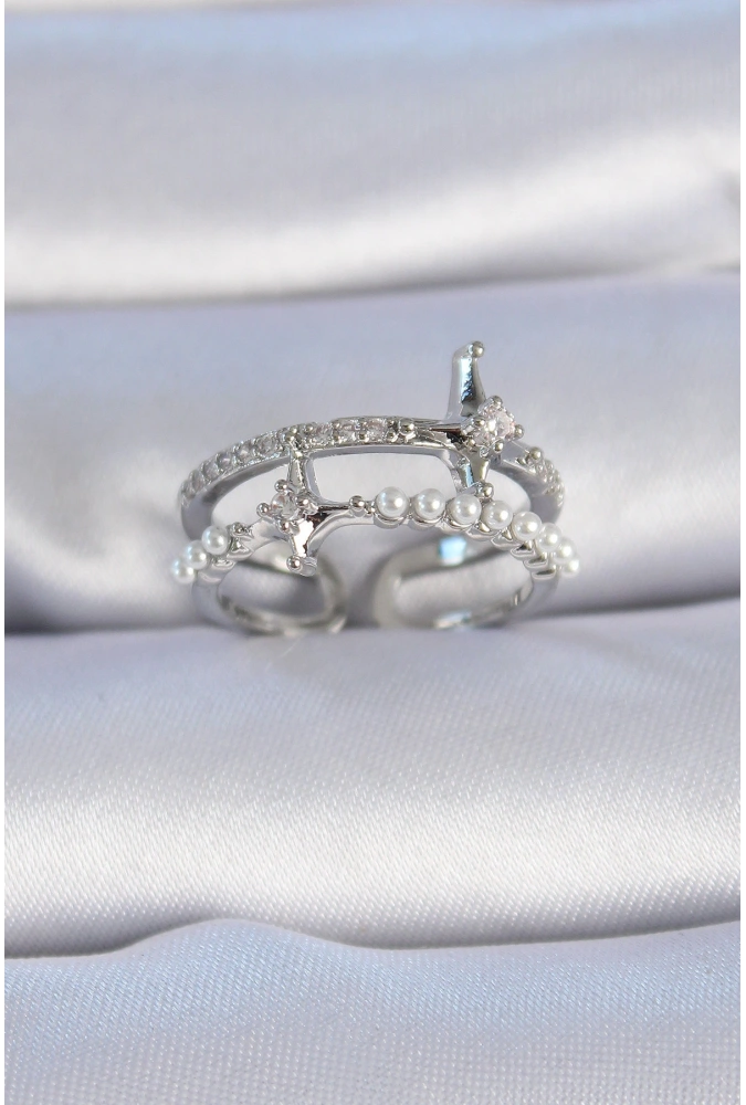 Shoecide Pirinç Gümüş Renk Zirkon Taşlı İnci Detay Kutup Yıldızı Model Kadın Yüzük