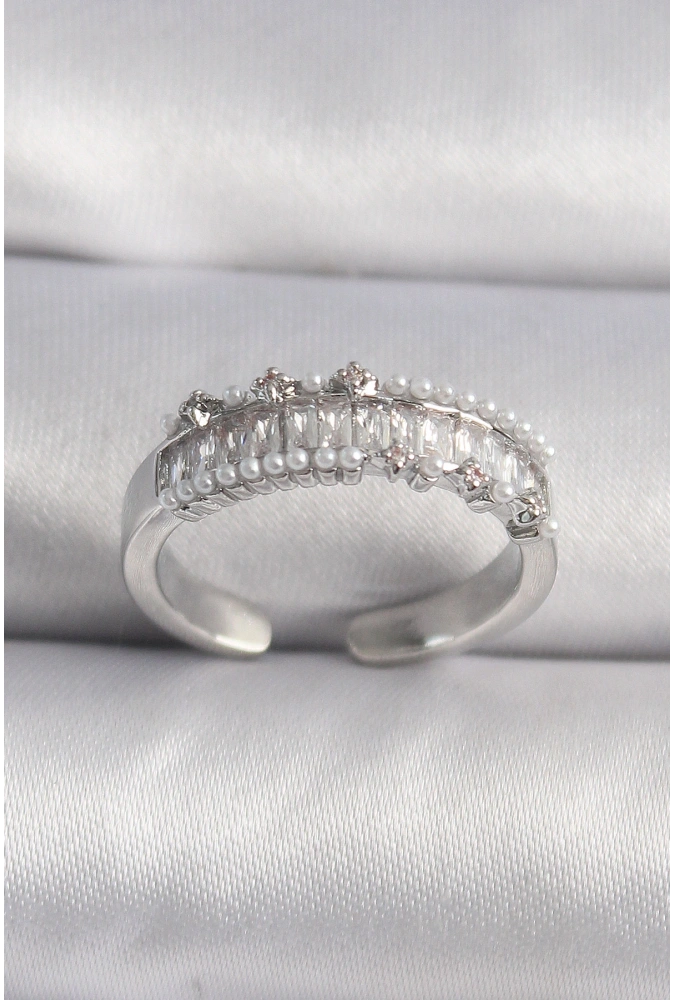 Shoecide Pirinç Gümüş Renk Zirkon Taşlı İnci Detay Vıp Seri Kadın Yüzük