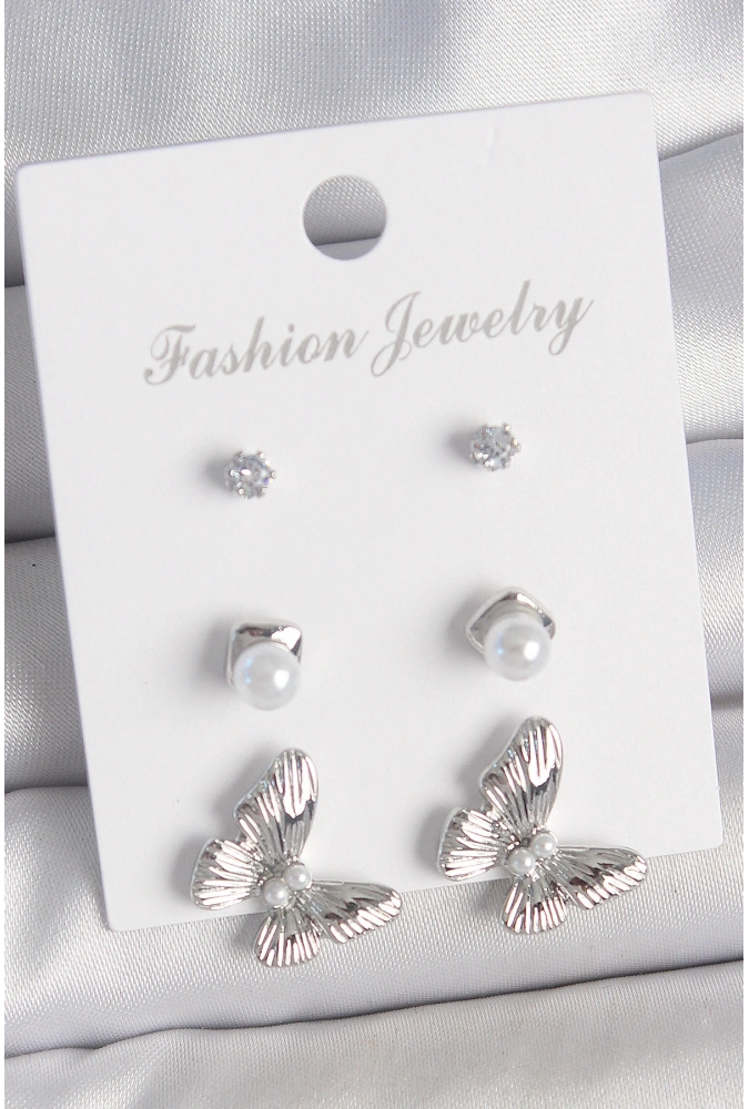 Shoecide Pirinç Gümüş Renk Zirkon Taşlı İnci Detaylı Kelebek Model 3 Çift Kadın Küpe Seti