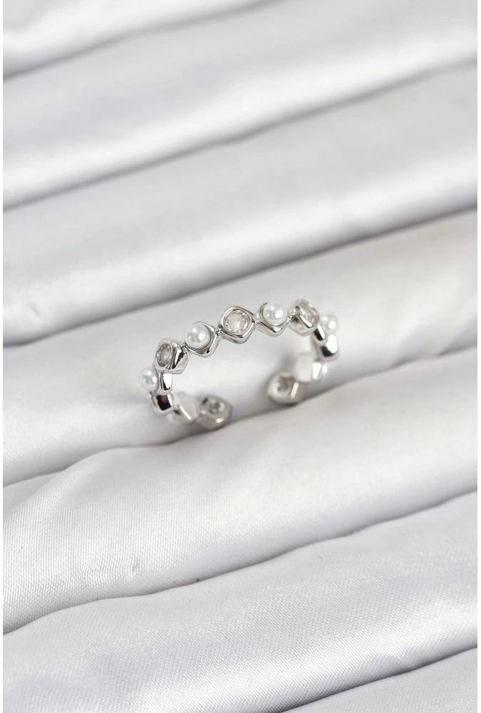 Shoecide Pirinç Gümüş Renk Zirkon Taşlı İncili Kadın Yüzük