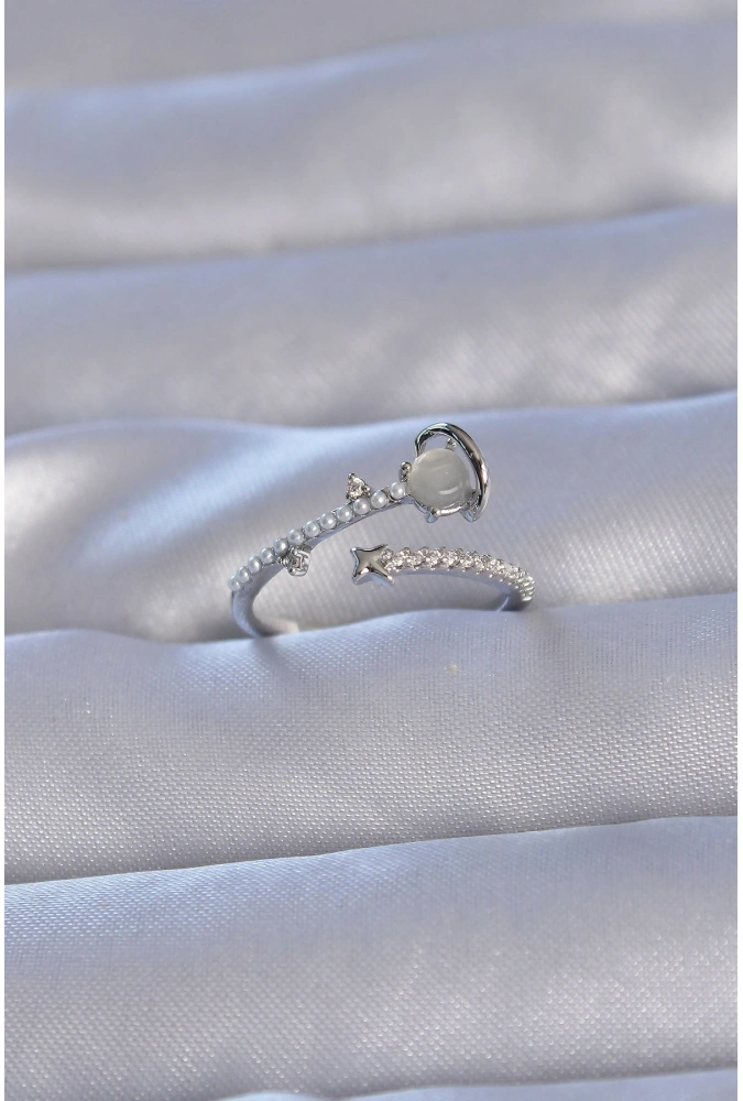 Shoecide Pirinç Gümüş Renk Zirkon Taşlı İncili Satürn Model Ayarlanabilir Yüzük