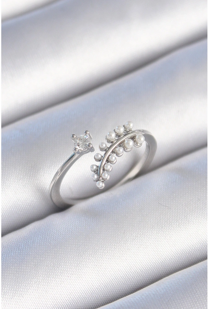 Shoecide Pirinç Gümüş Renk Zirkon Taşlı İncili Yaprak Model Kadın Yüzük