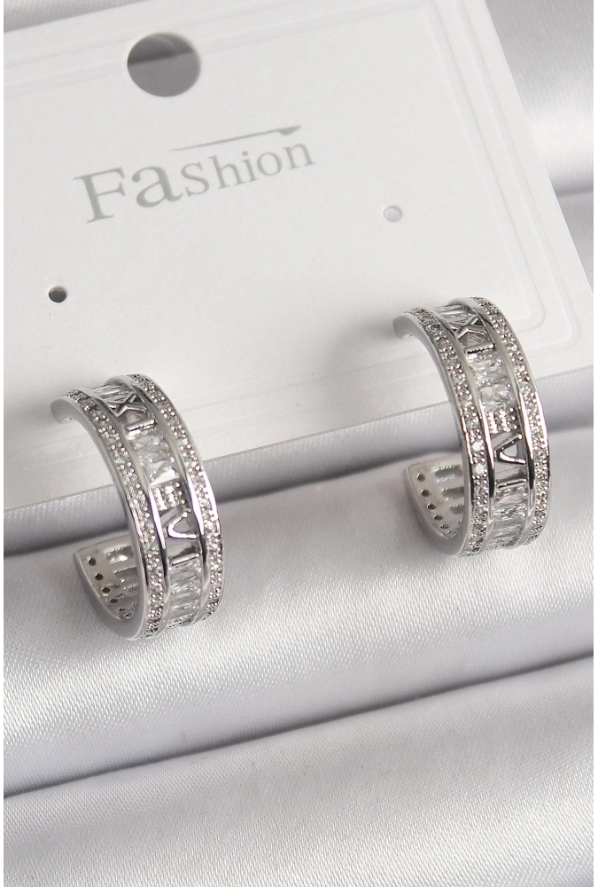 Shoecide Pirinç Gümüş Renk Zirkon Taşlı İşleme Detay Halka Model Kadın Küpe