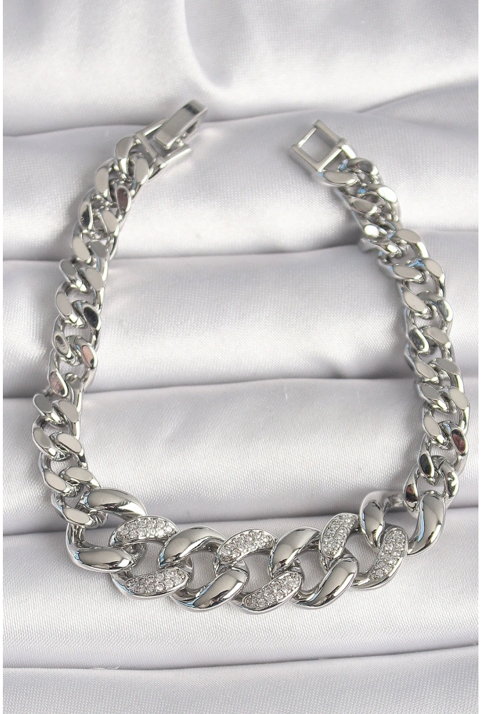 Shoecide Pirinç Gümüş Renk Zirkon Taşlı Kalın Halka Model Kadın Bileklik