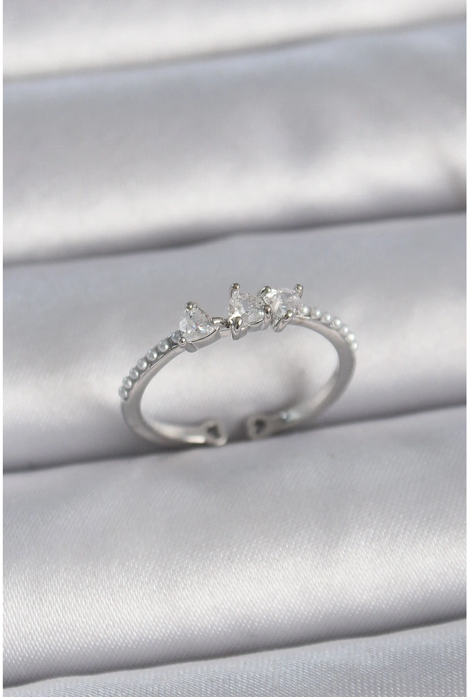 Shoecide Pirinç Gümüş Renk Zirkon Taşlı Kalp İnci Detay Ayarlanabilir Model Kadın Yüzük