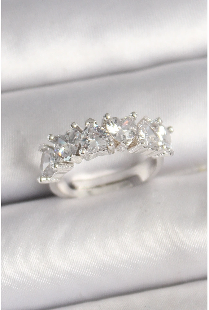 Shoecide Pirinç Gümüş Renk Zirkon Taşlı Kalp Model Ayarlanabilir Kadın Yüzük