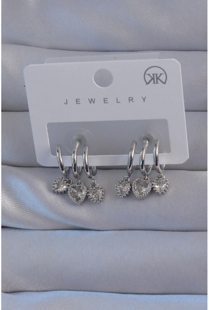 Shoecide Pirinç Gümüş Renk Zirkon Taşlı Kalp Model Çoklu Görünüm Yarım Halka Küpe