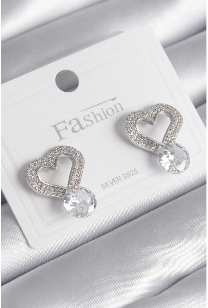 Shoecide Pirinç Gümüş Renk Zirkon Taşlı Kalp Model Damla Zirkon Taş Detay Kadın Küpe