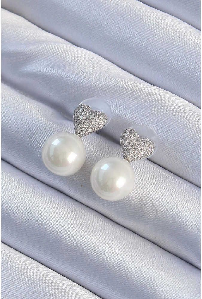 Shoecide Pirinç Gümüş Renk Zirkon Taşlı Kalp Model İnci Tasarım Kadın Küpe