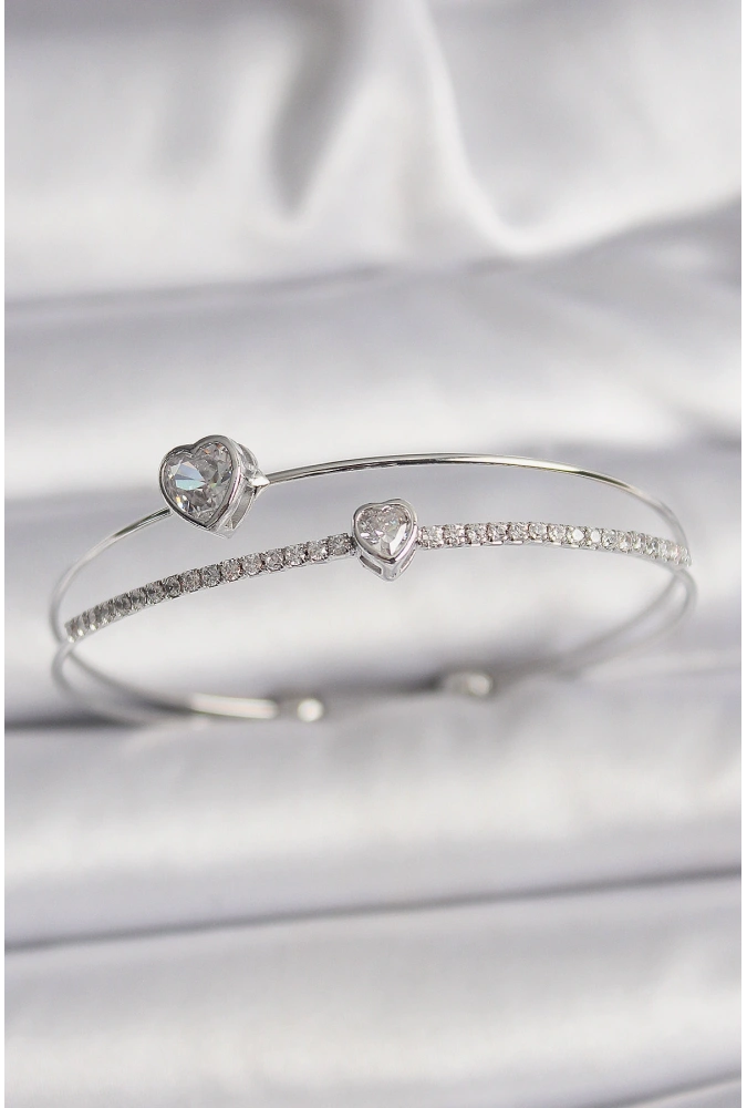Shoecide Pirinç Gümüş Renk Zirkon Taşlı Kalp Model Kadın Bileklik
