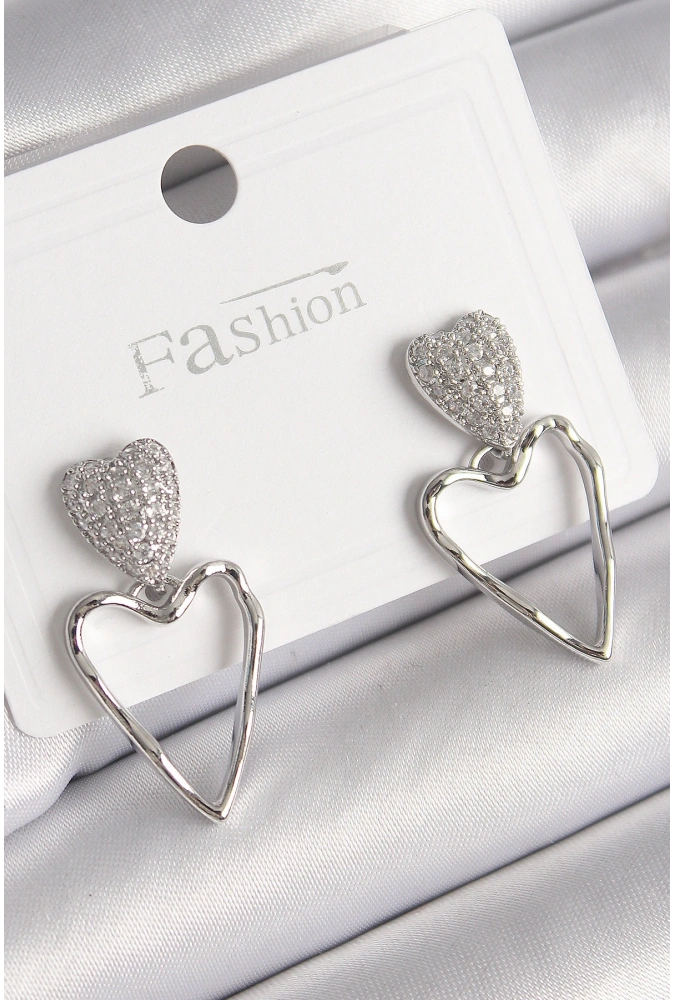 Shoecide Pirinç Gümüş Renk Zirkon Taşlı Kalp Model Kadın Küpe