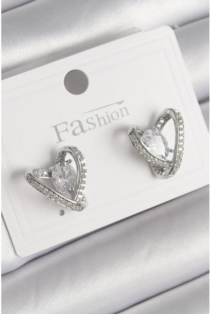 Shoecide Pirinç Gümüş Renk Zirkon Taşlı Kalp Model Kadın Küpe