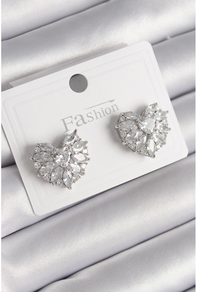 Shoecide Pirinç Gümüş Renk Zirkon Taşlı Kalp Model Kadın Küpe