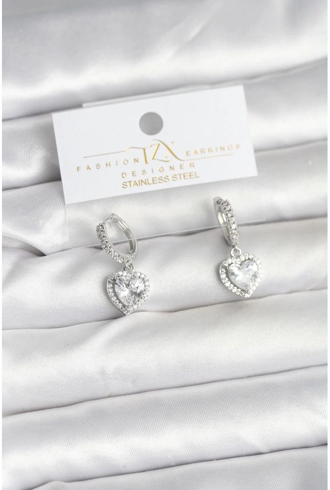 Shoecide Pirinç Gümüş Renk Zirkon Taşlı Kalp Model Kadın Küpe