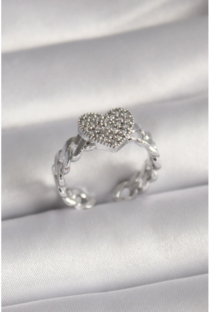 Shoecide Pirinç Gümüş Renk Zirkon Taşlı Kalp Model Kadın Yüzük