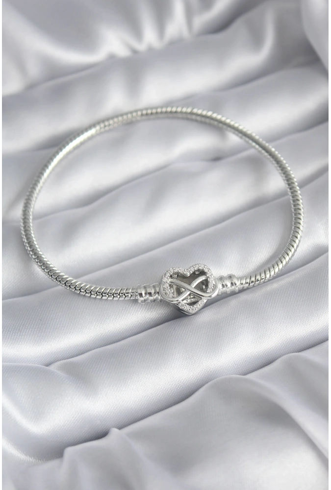 Shoecide Pirinç Gümüş Renk Zirkon Taşlı Kalp Sonsuzluk Model Charm Kadın Bileklik