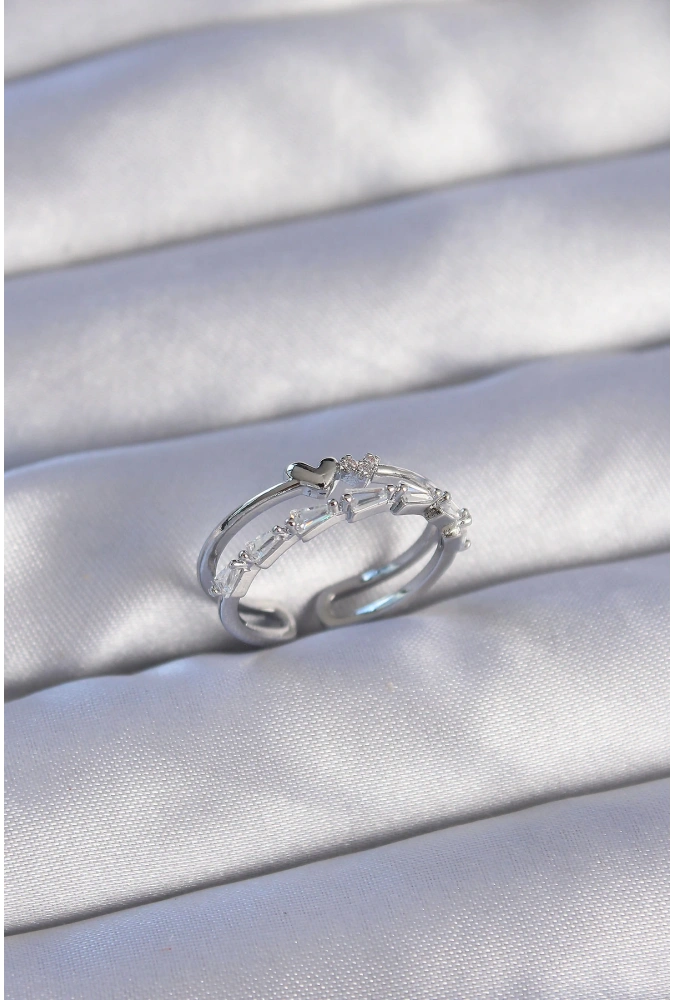 Shoecide Pirinç Gümüş Renk Zirkon Taşlı Kalpli 2li Görünüm Ayarlanabilir Yüzük