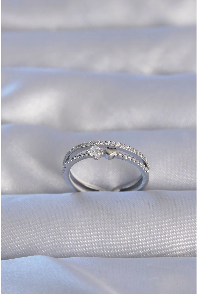 Shoecide Pirinç Gümüş Renk Zirkon Taşlı Kalpli Su Yolu Model Ayarlanabilir Yüzük